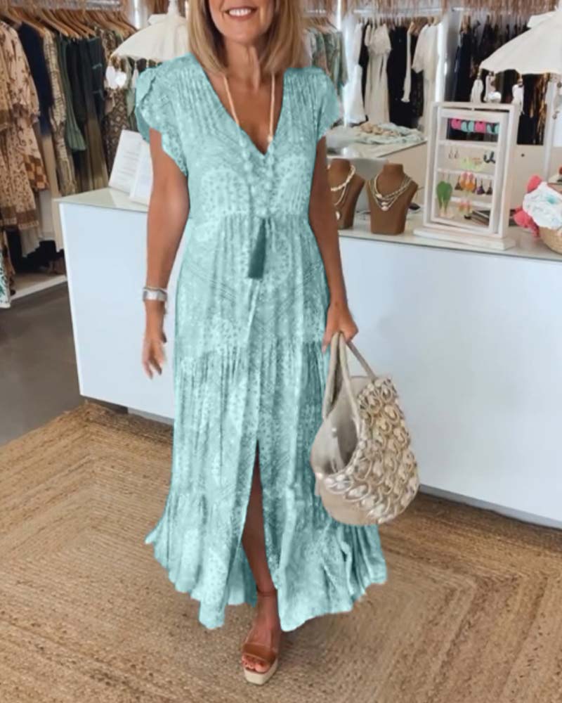 Robe à manches fendues et col en V imprimé vacances