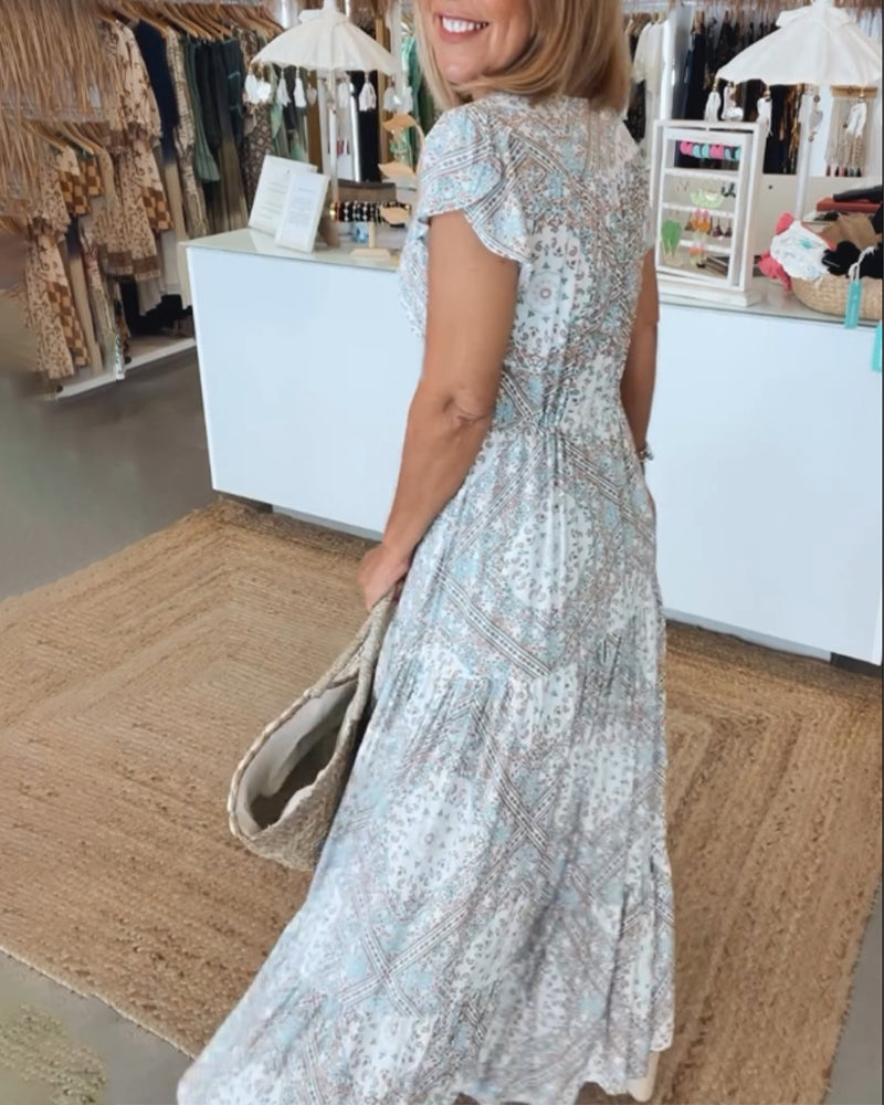 Robe à manches fendues et col en V imprimé vacances