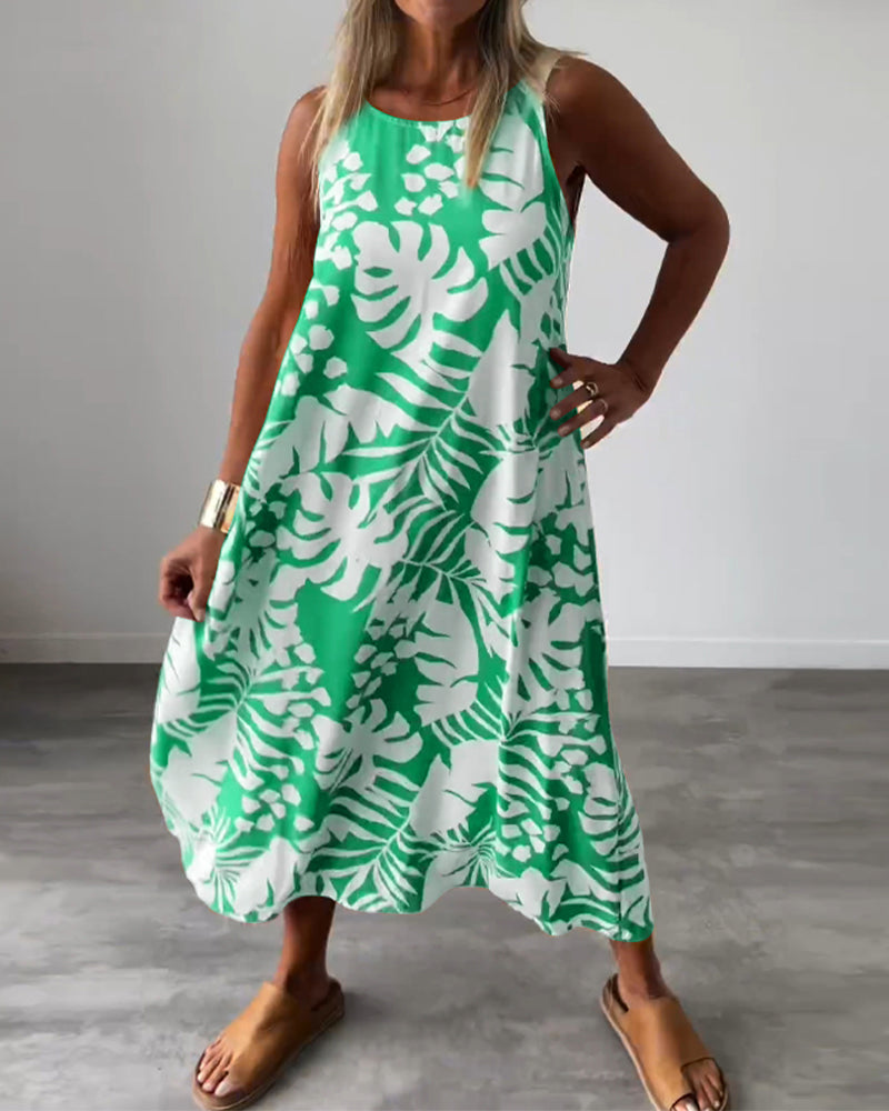 Robe décontractée sans manches à imprimé feuilles