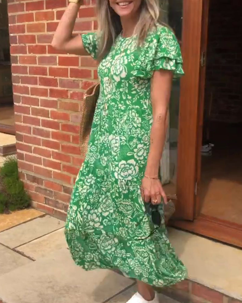 Robe longue à manches courtes imprimée de fleurs